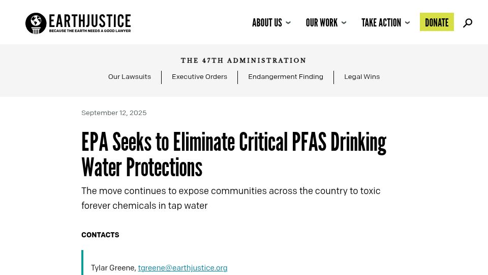 Screenshot of earthjustice.org: EPA Seeks to Eliminate Critical PFAS Drinking Water Protections