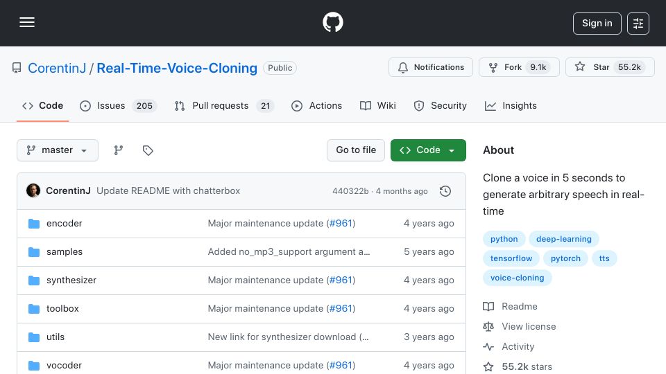 Screenshot of github.com: CorentinJ: Real-Time Voice Cloning (2021)