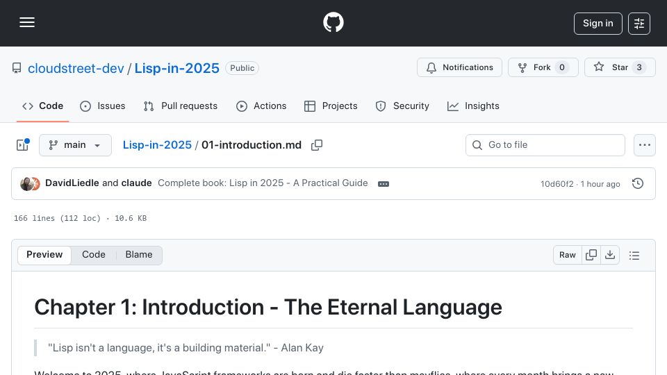 Screenshot of github.com: Lisp in 2025