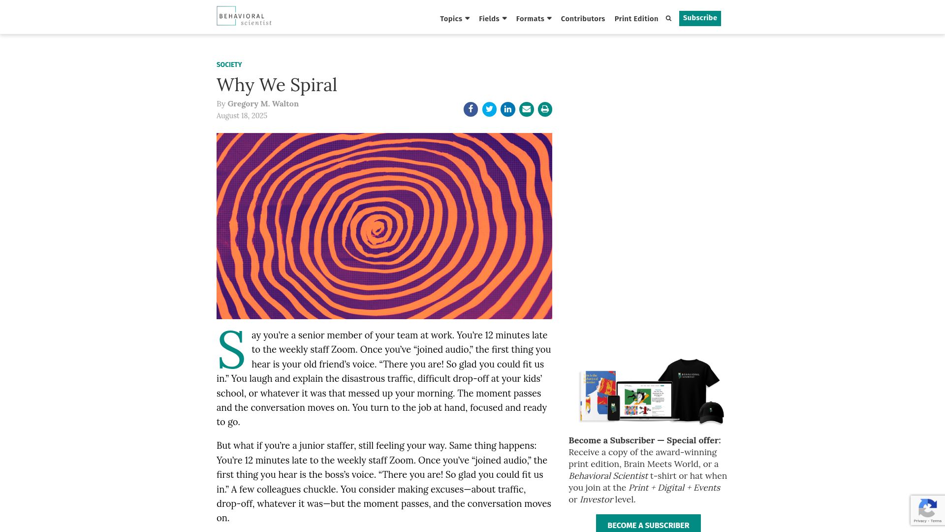 Screenshot of behavioralscientist.org: Why We Spiral