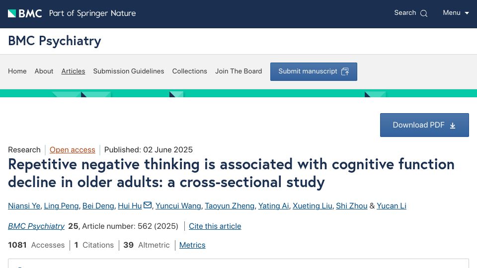 Screenshot of bmcpsychiatry.biomedcentral.com: Repetitive negative thinking associated with cognitive decline in older adults
