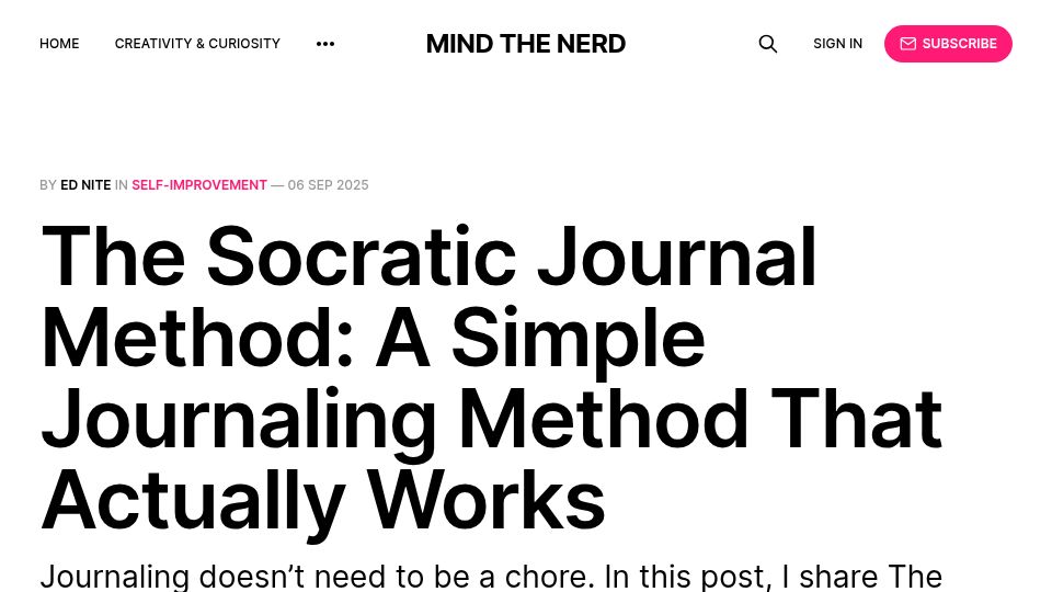 Screenshot of mindthenerd.com: The Socratic Journal Method: A Simple Journaling Method That Works