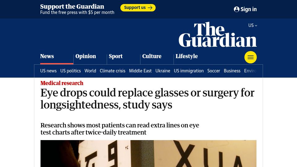 Screenshot of theguardian.com: Eye drops could replace glasses or surgery for longsightedness, study says