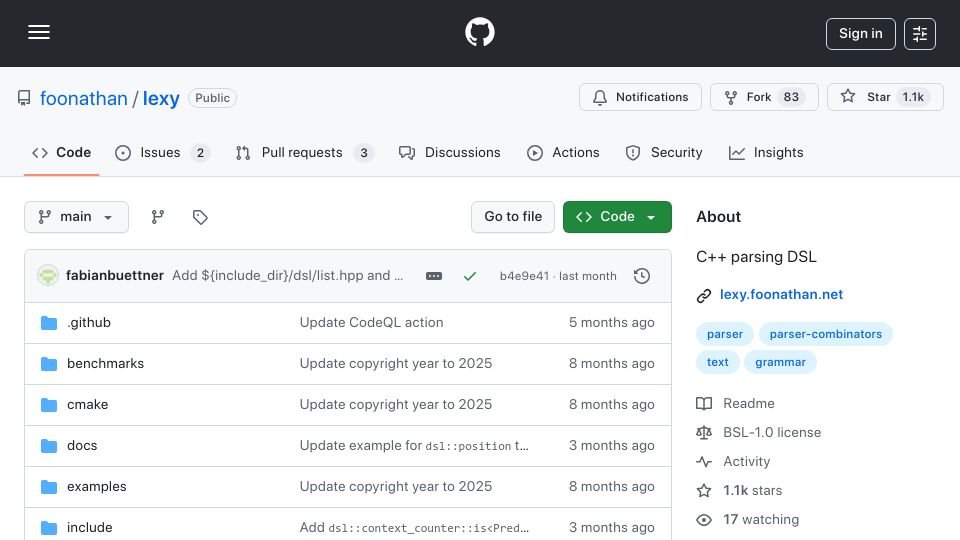 Screenshot of github.com: Lexy: A parser combinator library for C++17