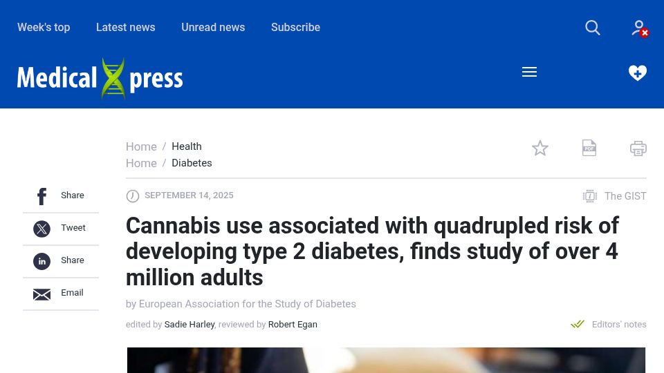 Screenshot of medicalxpress.com: Cannabis use associated with quadrupled risk of developing type 2 diabetes