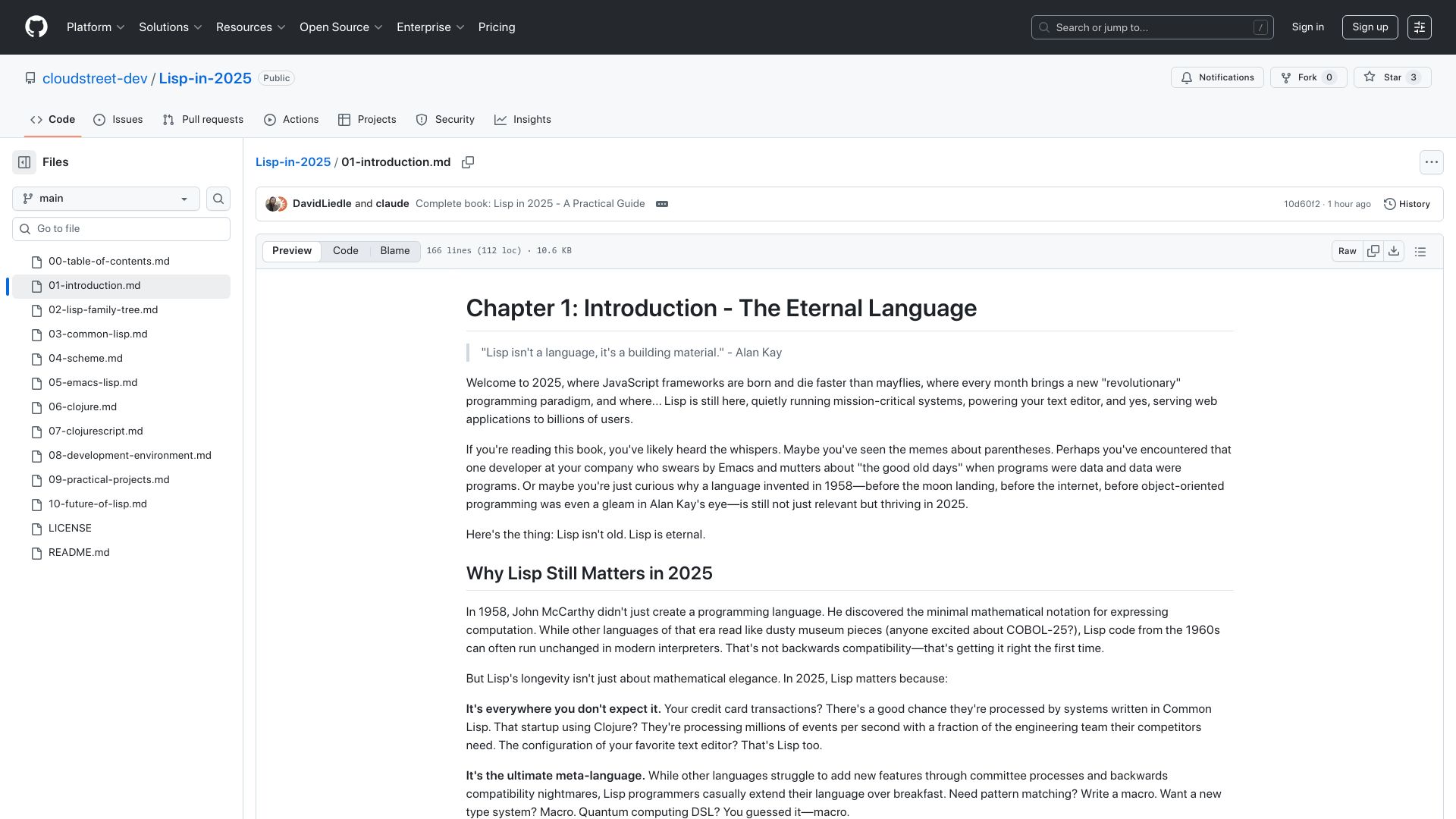 Screenshot of github.com: Lisp in 2025