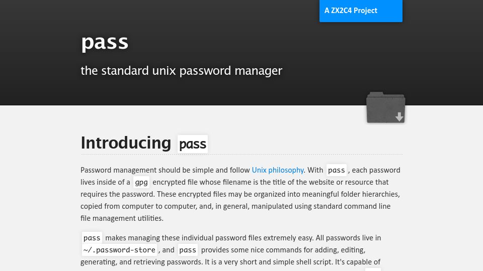 Screenshot of passwordstore.org: Pass: Unix Password Manager
