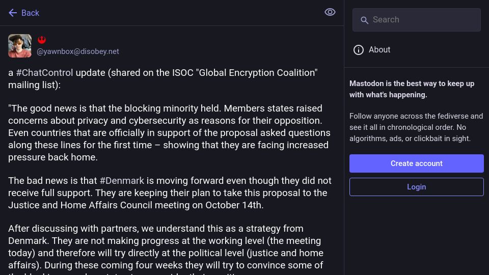 Screenshot of disobey.net: ChatControl update: blocking minority held but Denmark is moving forward anyway
