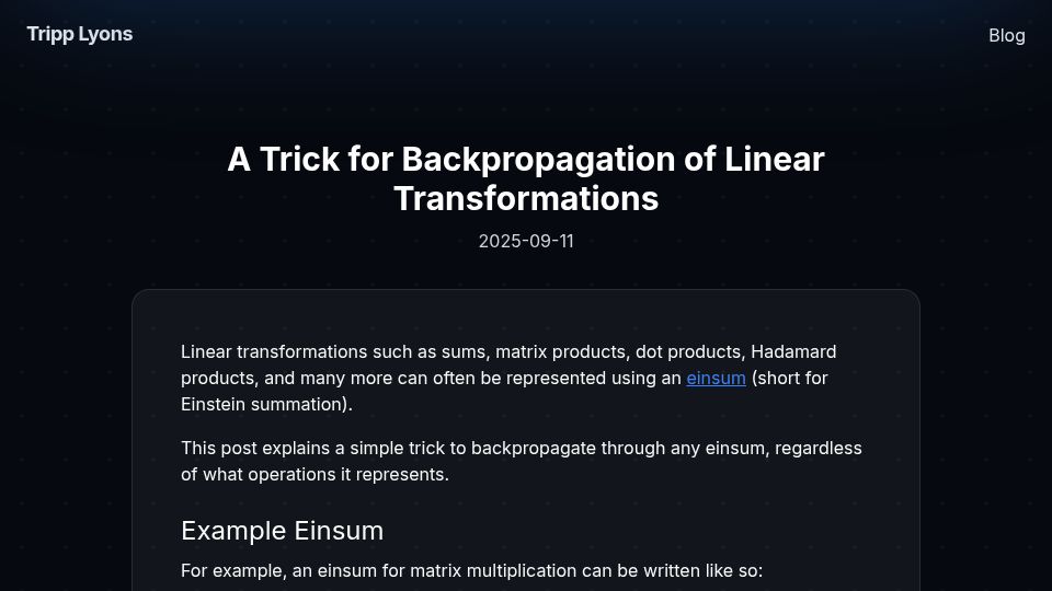 Screenshot of tripplyons.com: A Trick for Backpropagation of Linear Transformations