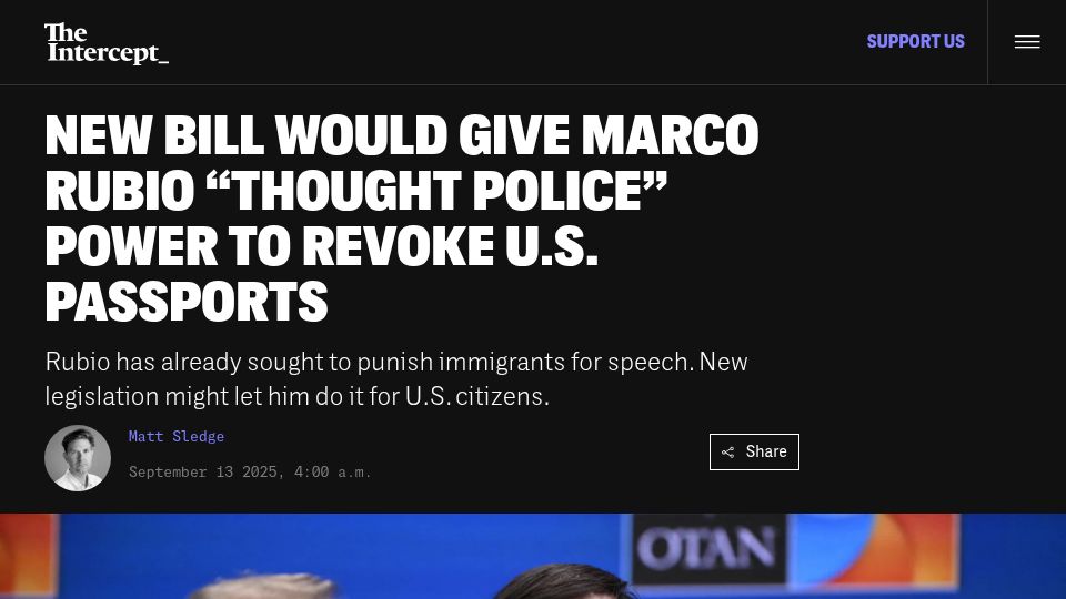 Screenshot of theintercept.com: New bill would give Marco Rubio 'thought police' power to revoke US passports