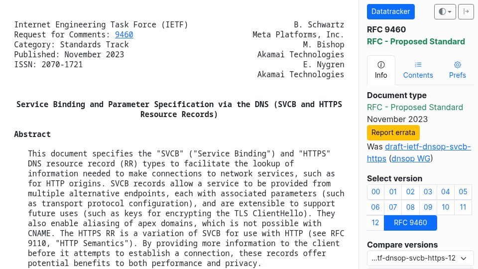 Screenshot of datatracker.ietf.org: RFC9460: SVCB and HTTPS DNS Records