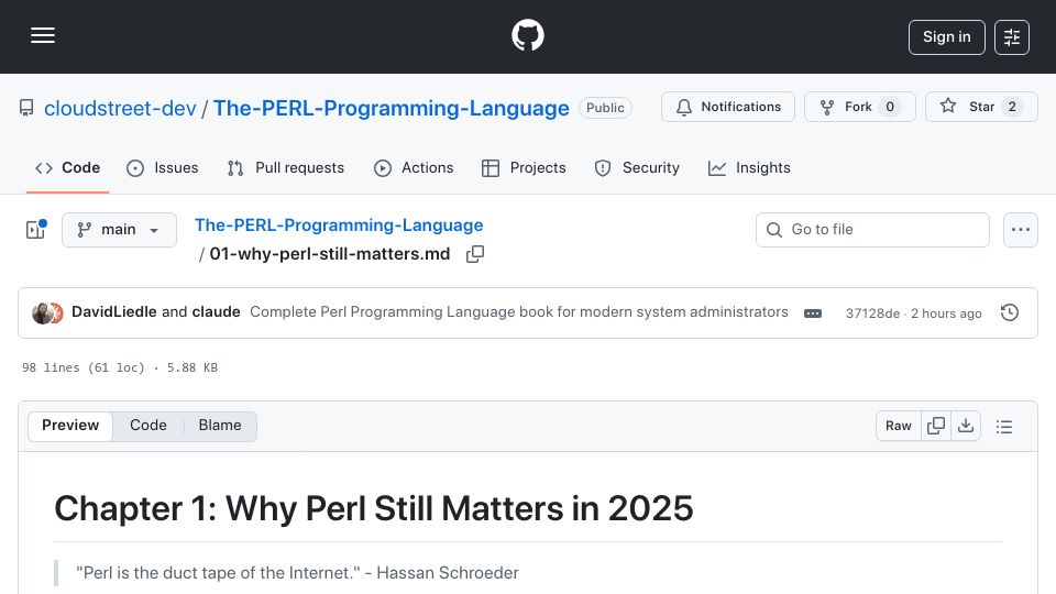 Screenshot of github.com: The Perl Programming Language in 2025 (FOSS book)