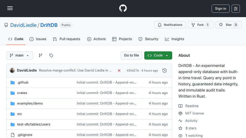 Screenshot of github.com: Show HN: DriftDB – An experimental append-only database with time-travel queries