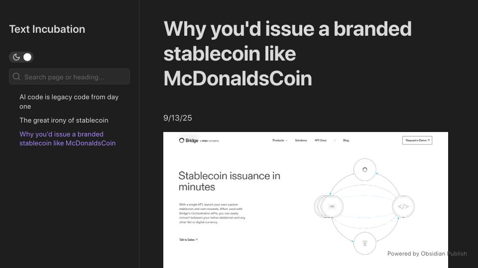 Screenshot of text-incubation.com: Why you’d issue a branded stablecoin
