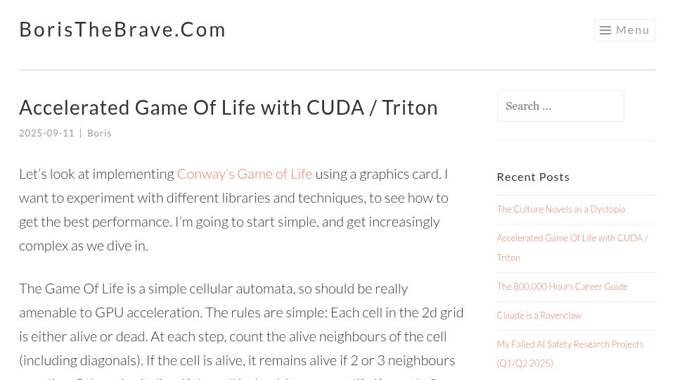 Screenshot of boristhebrave.com: Accelerated Game of Life with CUDA / Triton