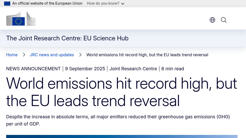 Screenshot of joint-research-centre.ec.europa.eu: World emissions hit record high, but the EU leads trend reversal
