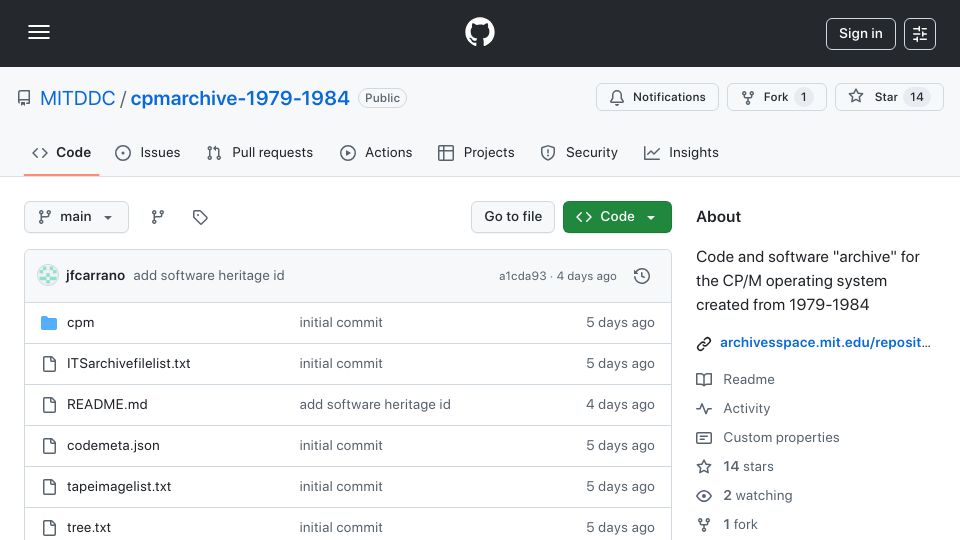 Screenshot of github.com: MIT-MC CP/M archive files, 1979-1984