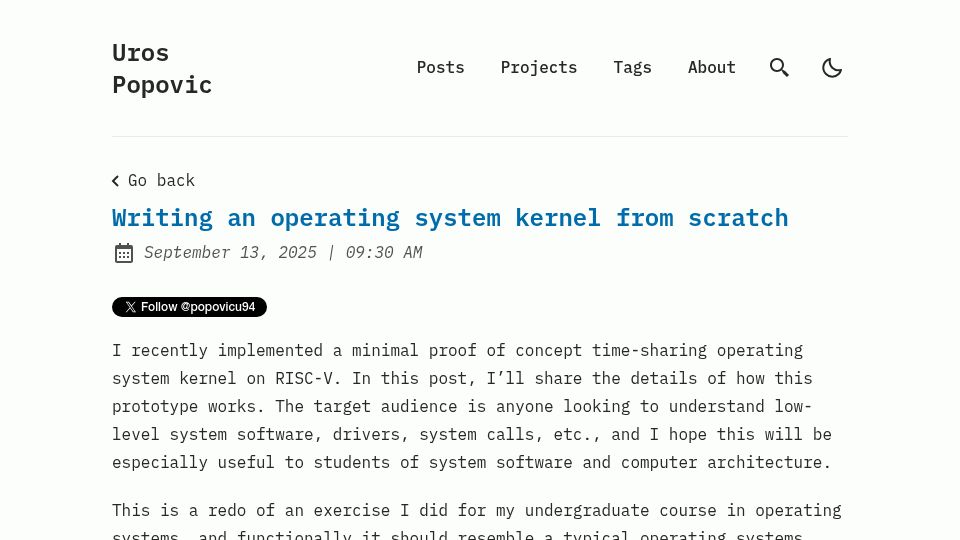 Screenshot of popovicu.com: Writing an operating system kernel from scratch