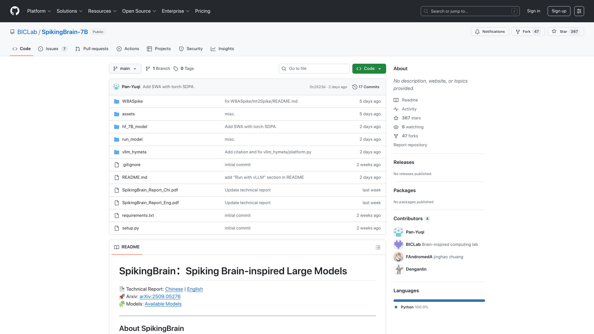 Screenshot of github.com: SpikingBrain 7B – More efficient than classic LLMs