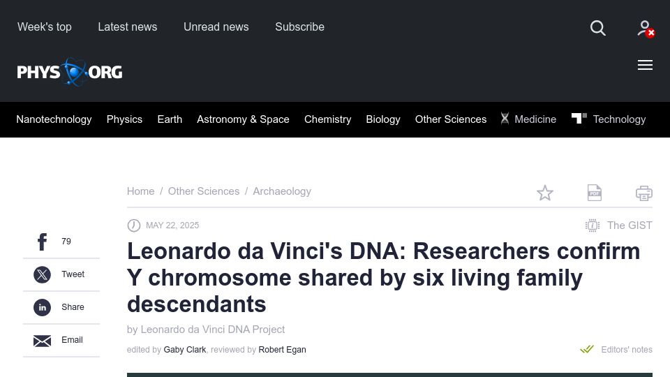 Screenshot of phys.org: Leonardo da Vinci’s Y chromosome shared by living family descendants