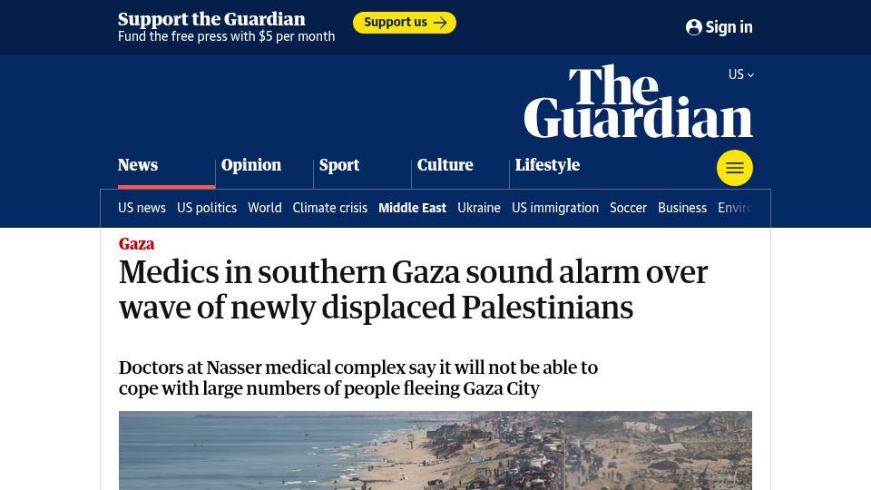 Screenshot of theguardian.com: Medics in southern Gaza sound alarm over wave of newly displaced Palestinians
