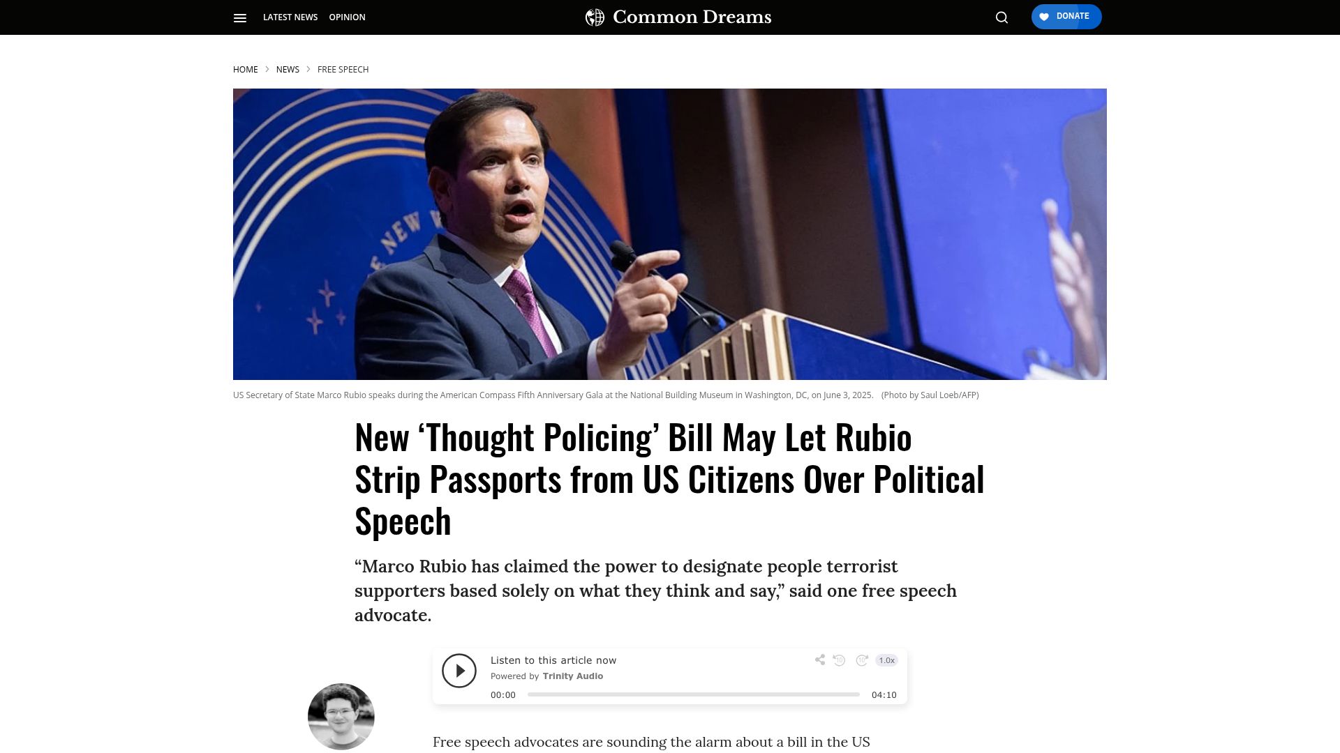 Screenshot of commondreams.org: New Bill Would Allow Rubio to Strip US Citizens' Passports over Political Speech