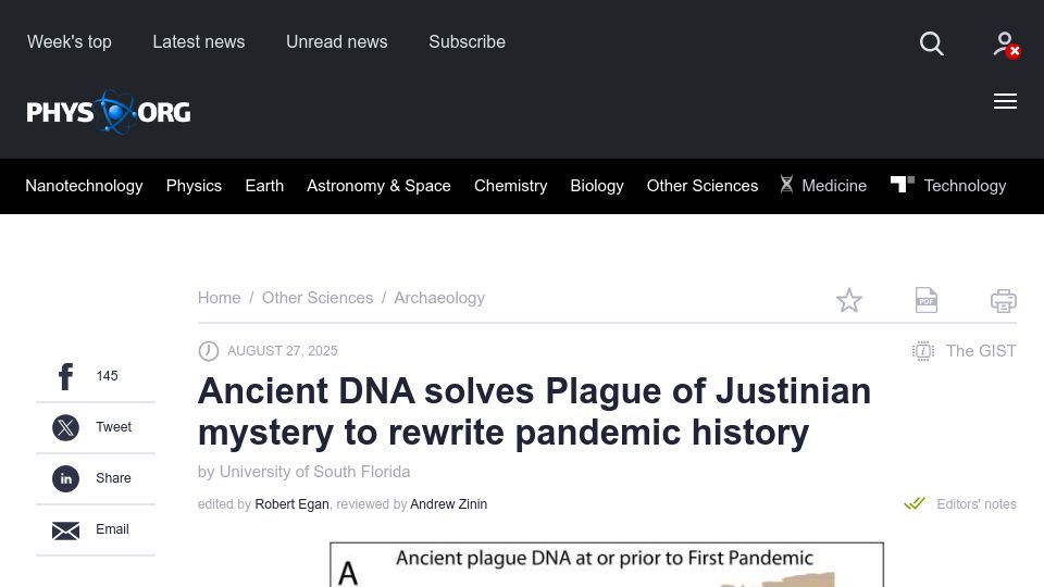 Screenshot of phys.org: Ancient DNA solves Plague of Justinian mystery to rewrite pandemic history