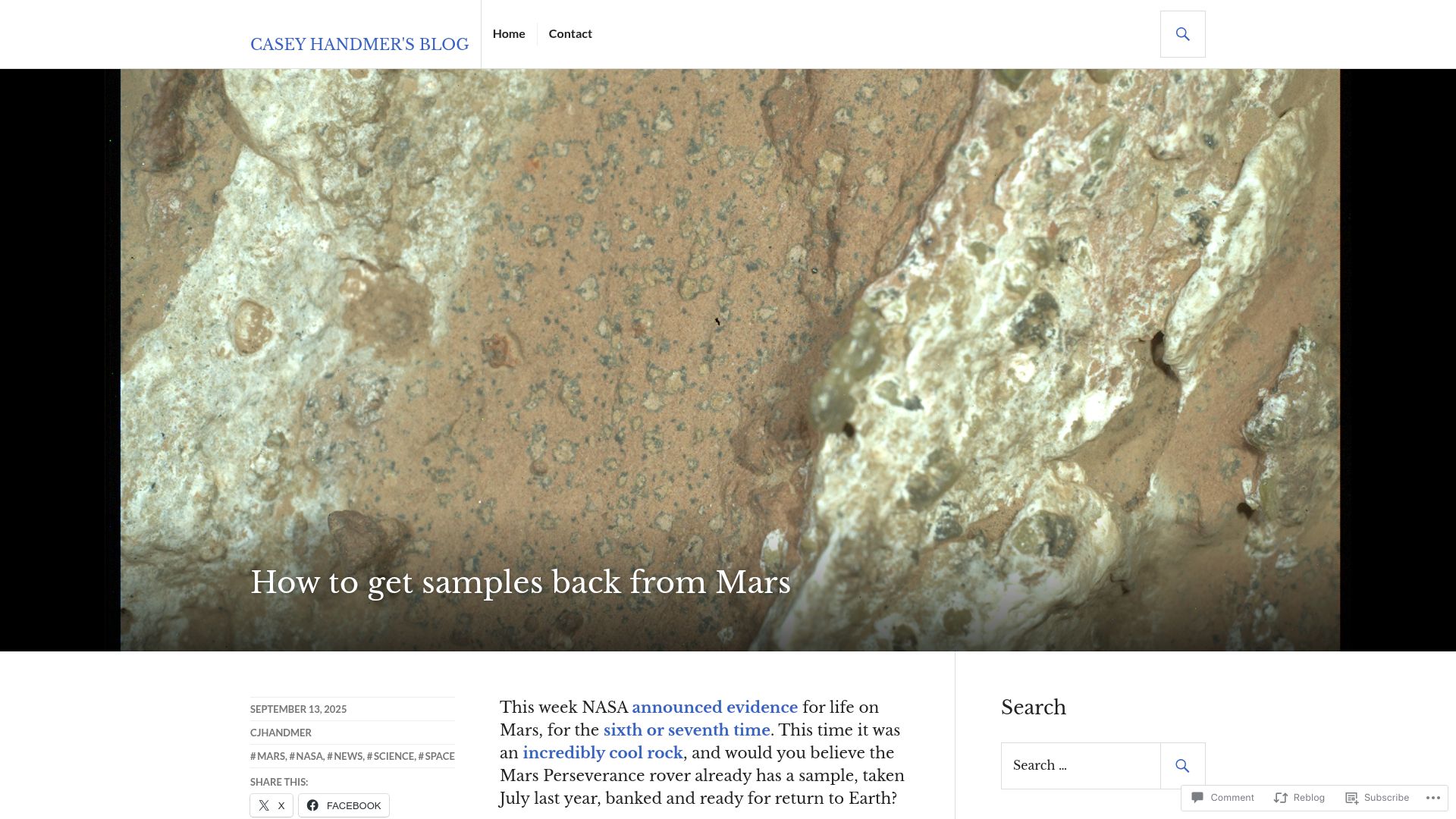 Screenshot of caseyhandmer.wordpress.com: How to get samples back from Mars