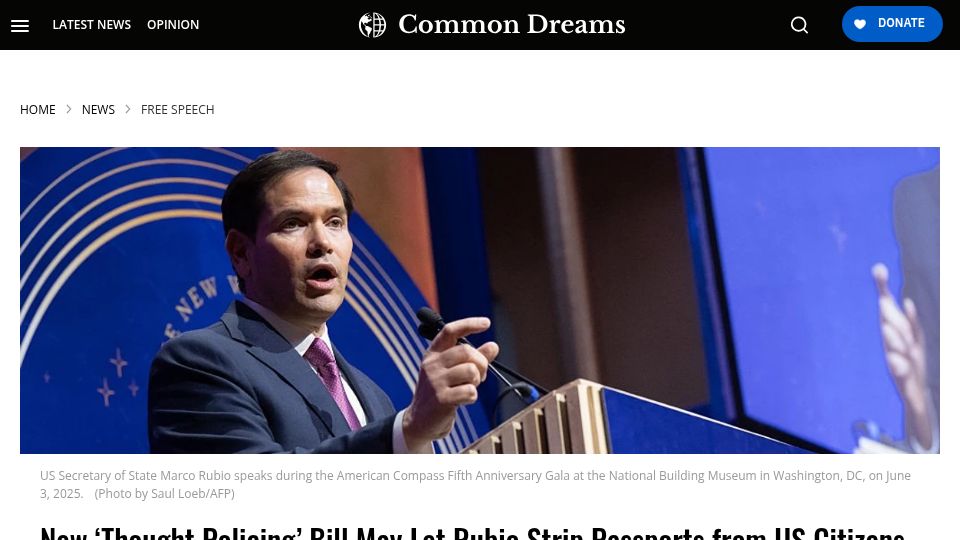 Screenshot of commondreams.org: New Bill Would Allow Rubio to Strip US Citizens' Passports over Political Speech