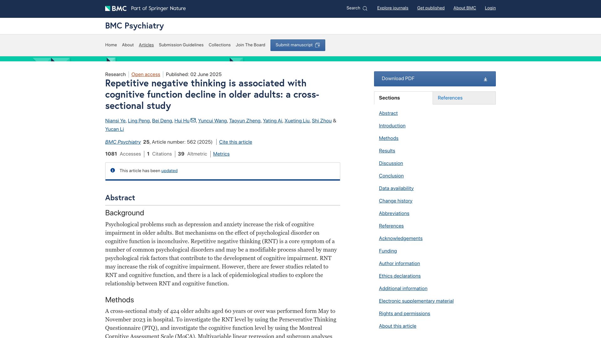 Screenshot of bmcpsychiatry.biomedcentral.com: Repetitive negative thinking associated with cognitive decline in older adults