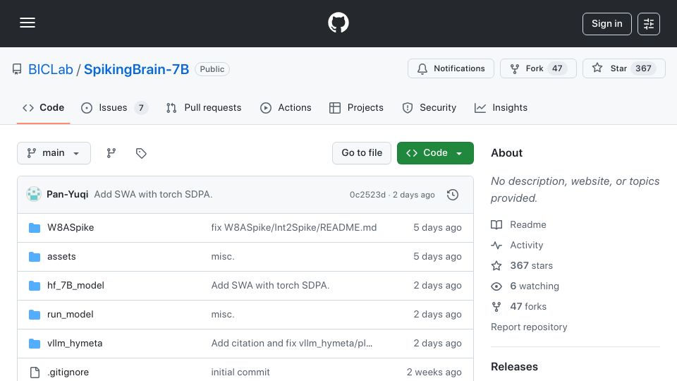 Screenshot of github.com: SpikingBrain 7B – More efficient than classic LLMs