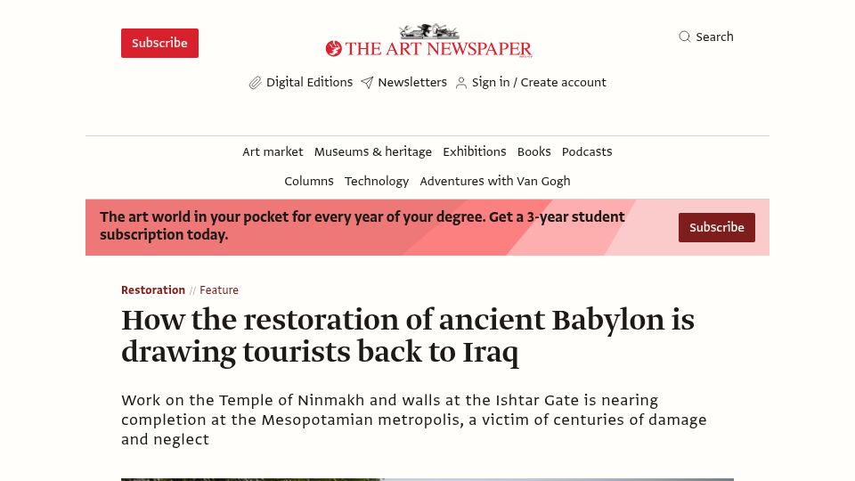 Screenshot of theartnewspaper.com: How the restoration of ancient Babylon is drawing tourists back to Iraq