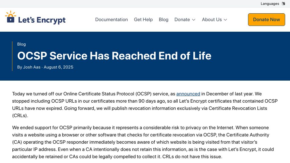 Screenshot of letsencrypt.org: OCSP Service Has Reached End of Life