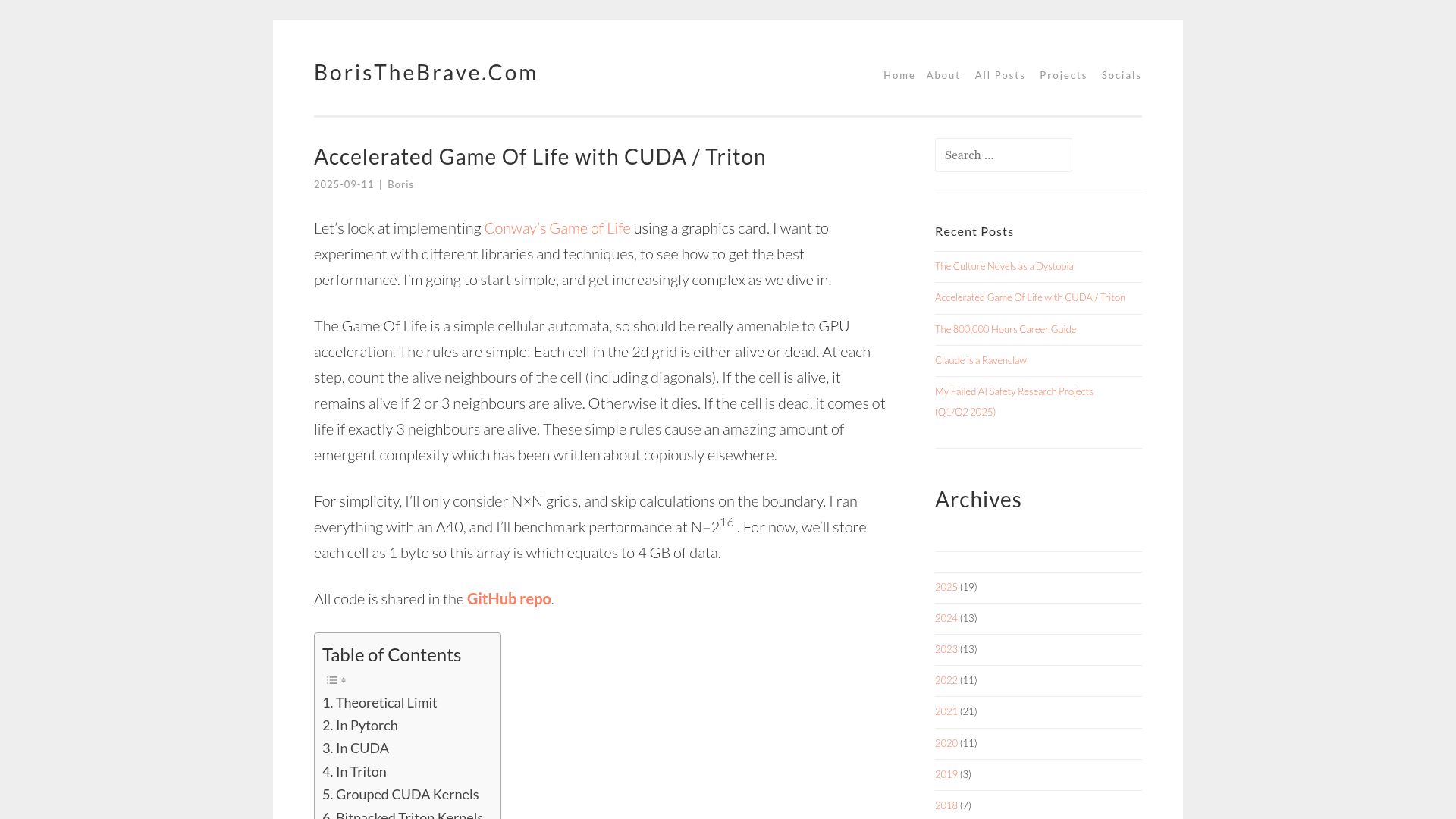 Screenshot of boristhebrave.com: Accelerated Game of Life with CUDA / Triton