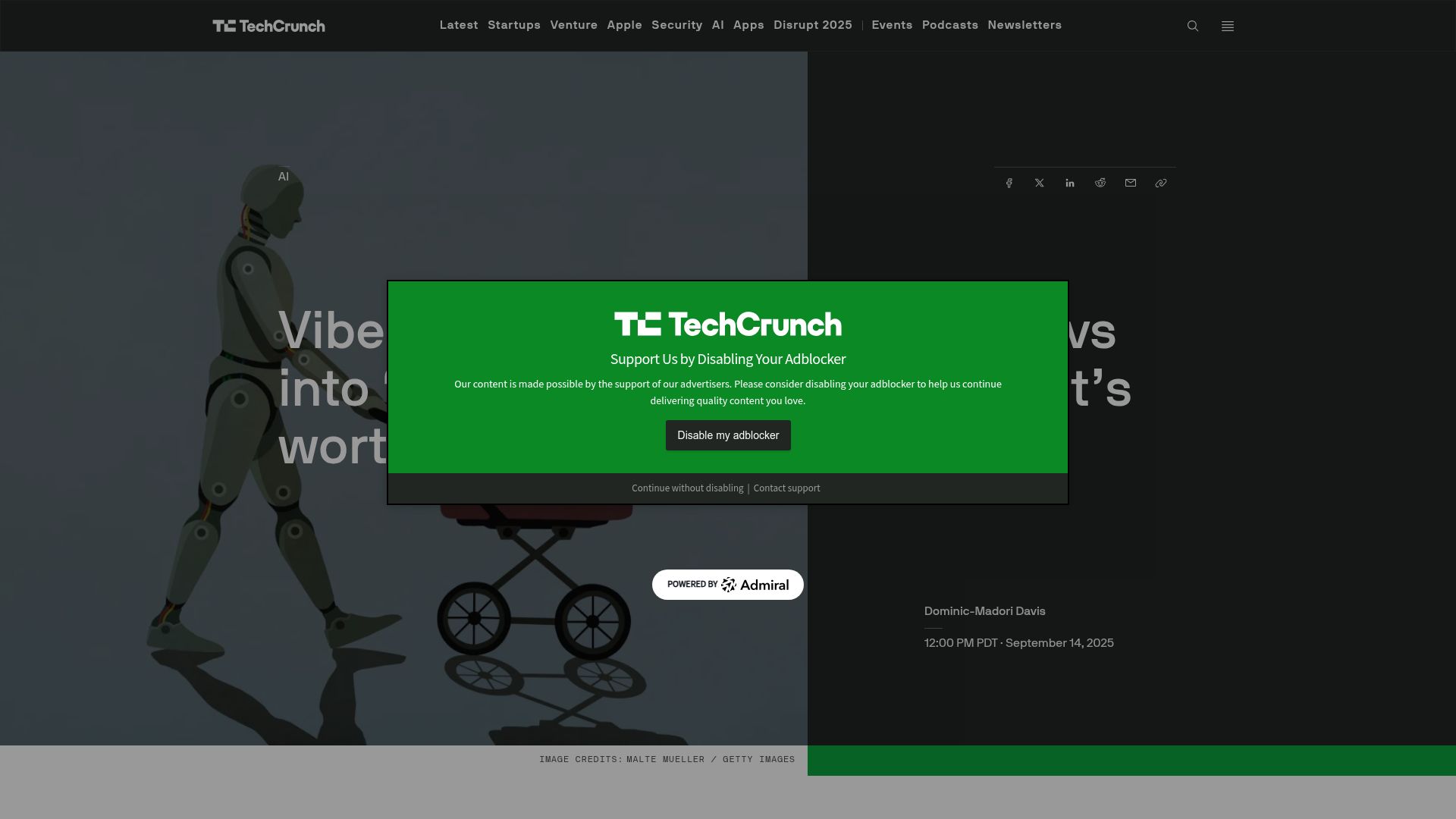 Screenshot of techcrunch.com: Vibe coding has turned senior devs into 'AI babysitters'