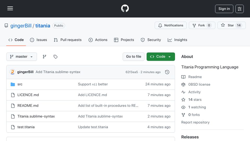Screenshot of github.com: Titania Programming Language