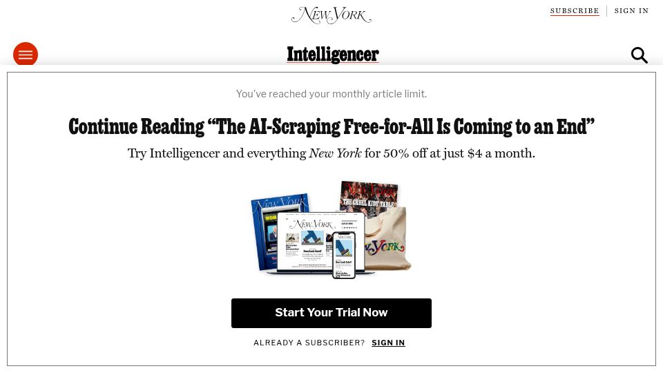 Screenshot of nymag.com: The AI-Scraping Free-for-All Is Coming to an End