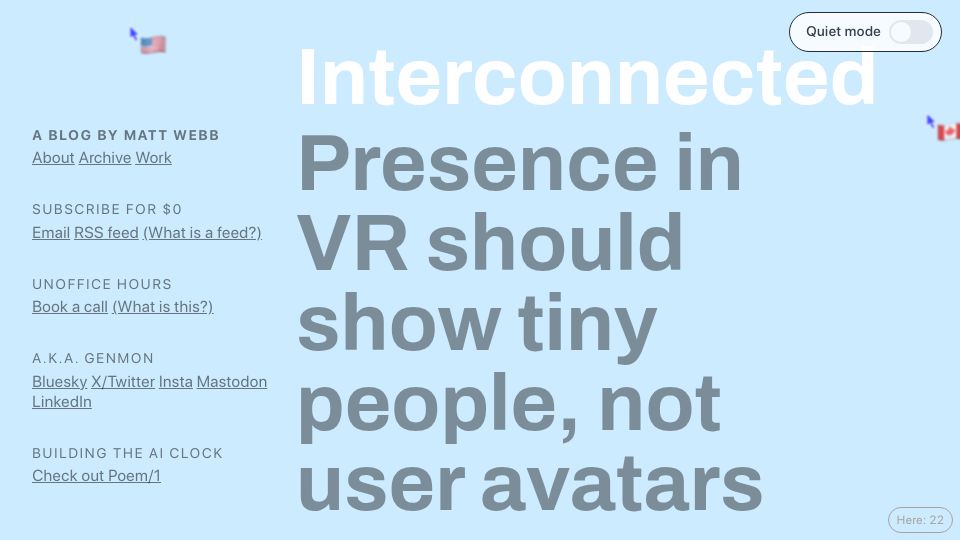 Screenshot of interconnected.org: Presence in VR should show tiny people, not user avatars (2022)