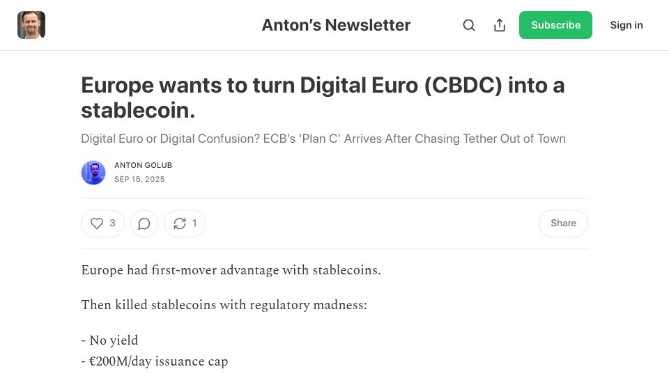 Screenshot of antongolub.substack.com: Europe wants to turn Digital Euro (CBDC) into a stablecoin
