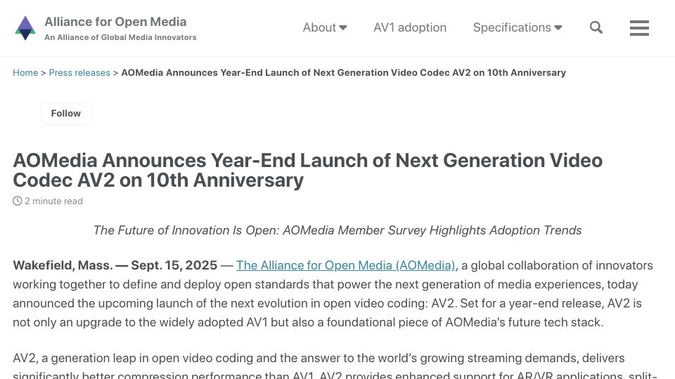 Screenshot of aomedia.org: AOMedia Announces Year-End Launch of Next-Gen Video Codec AV2