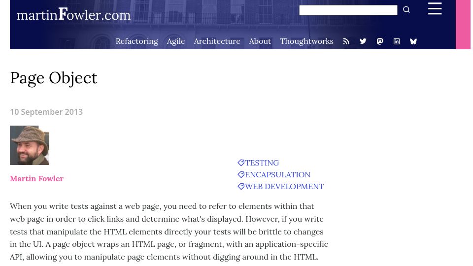 Screenshot of martinfowler.com: Page Object (2013)