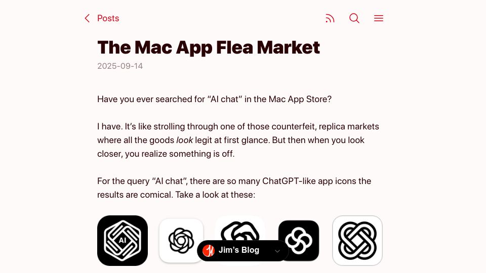 Screenshot of blog.jim-nielsen.com: The Mac app flea market