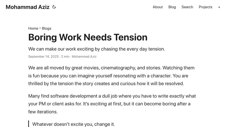 Screenshot of iaziz786.com: Boring work needs tension