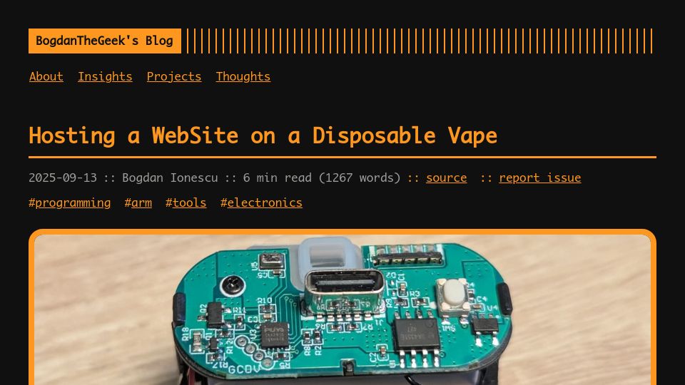 Screenshot of bogdanthegeek.github.io: Hosting a website on a disposable vape