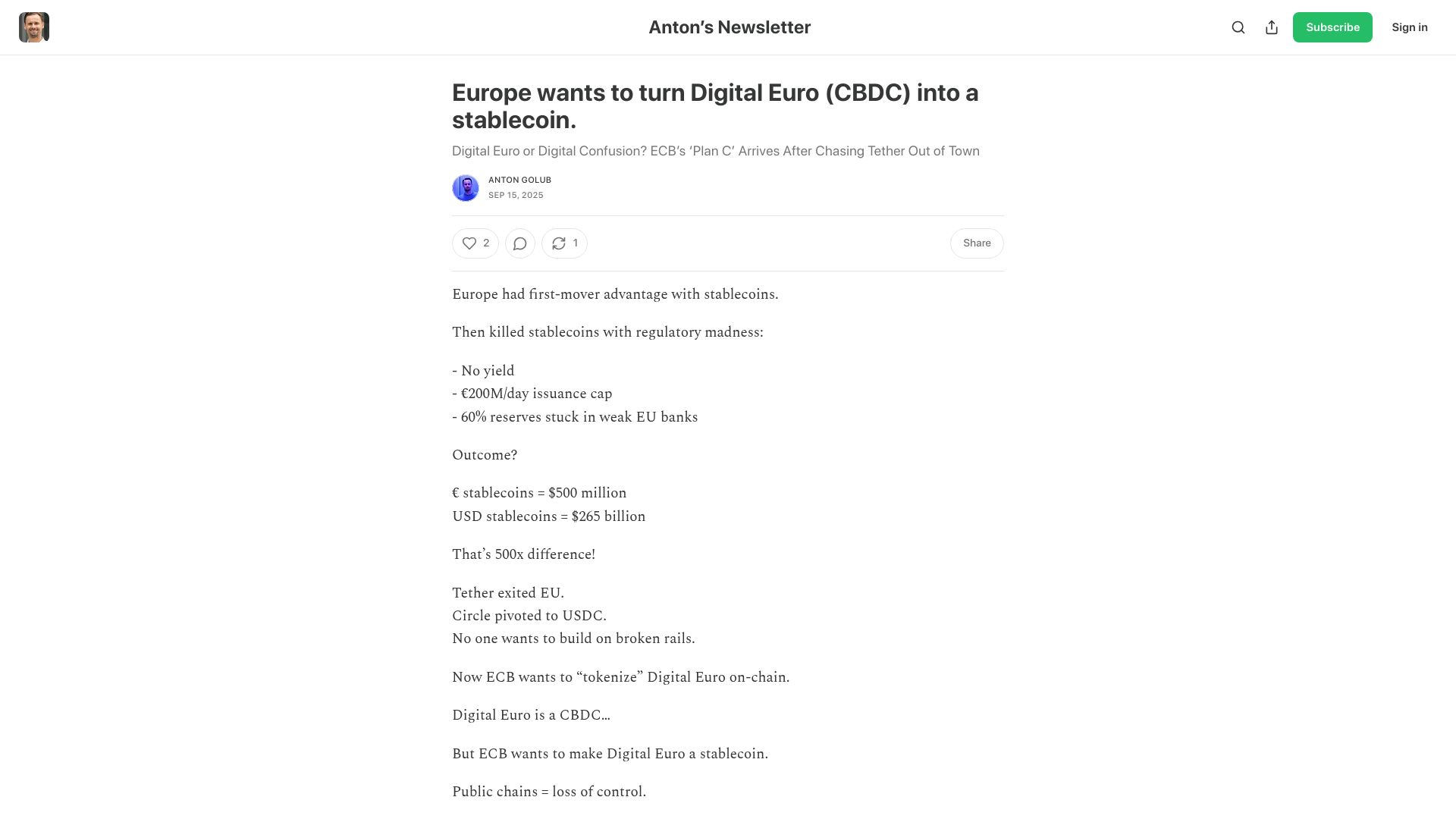 Screenshot of antongolub.substack.com: Europe wants to turn Digital Euro (CBDC) into a stablecoin