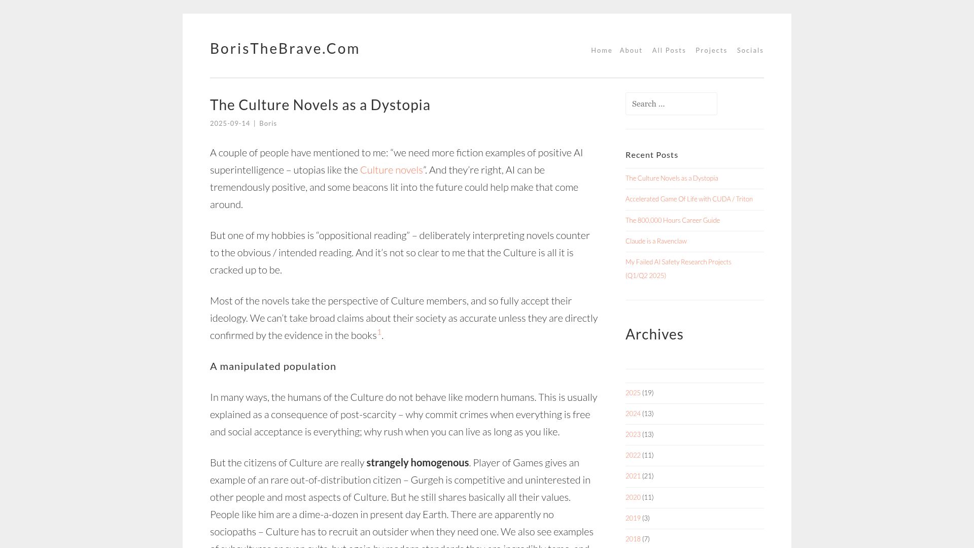 Screenshot of boristhebrave.com: The Culture novels as a dystopia