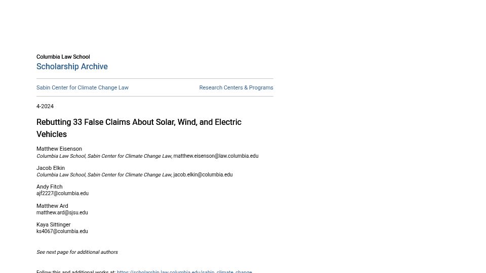 Screenshot of scholarship.law.columbia.edu: Rebutting 33 False Claims About Solar, Wind, and Electric Vehicles