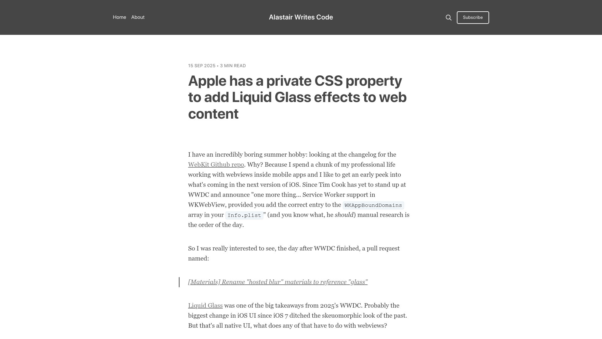 Screenshot of alastair.is: Apple has a private CSS property to add Liquid Glass effects to web content