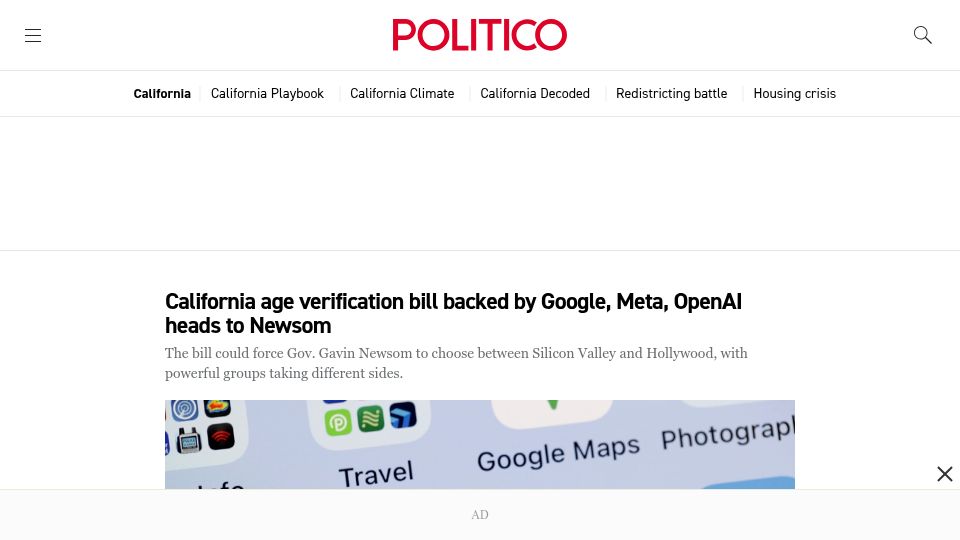 Screenshot of politico.com: California age verification bill backed by Google, Meta, OpenAI heads to Newsom