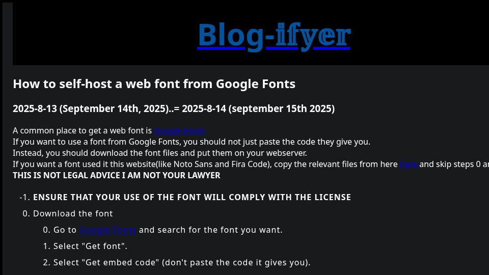 Screenshot of blog.velocifyer.com: How to self-host a web font from Google Fonts